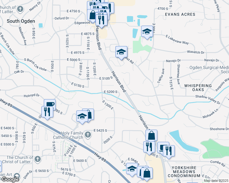 map of restaurants, bars, coffee shops, grocery stores, and more near 1344 East 5200 South in South Ogden