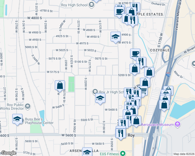 map of restaurants, bars, coffee shops, grocery stores, and more near 2123 5200 South Street in Roy