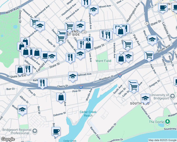 map of restaurants, bars, coffee shops, grocery stores, and more near 32 Clinton Avenue in Bridgeport