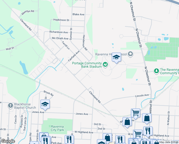map of restaurants, bars, coffee shops, grocery stores, and more near 858 Cleveland Road in Ravenna