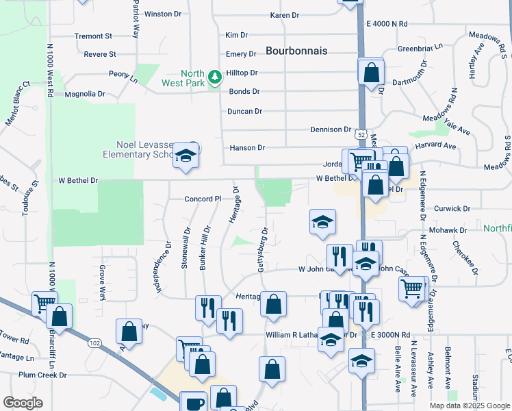 map of restaurants, bars, coffee shops, grocery stores, and more near 897 Gettysburg Court in Bourbonnais