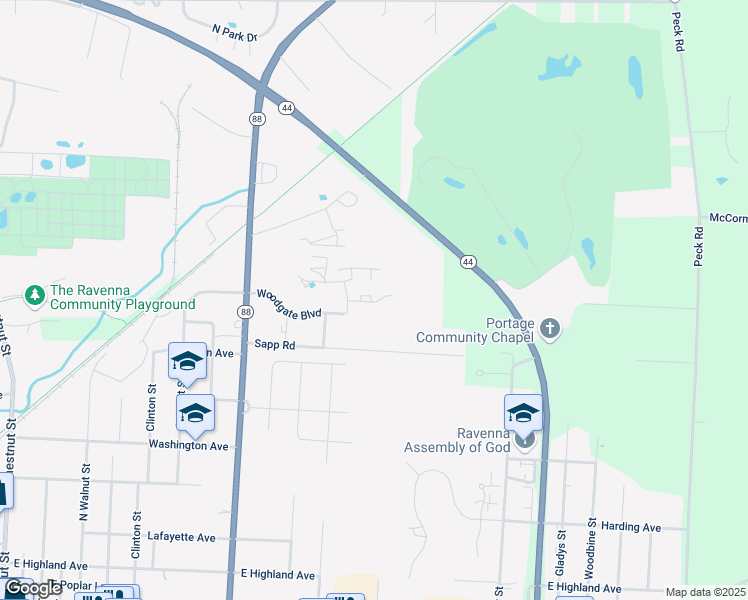 map of restaurants, bars, coffee shops, grocery stores, and more near 778 Northgate Drive in Ravenna