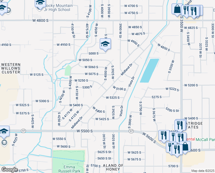 map of restaurants, bars, coffee shops, grocery stores, and more near 5235 Midland Drive in Roy