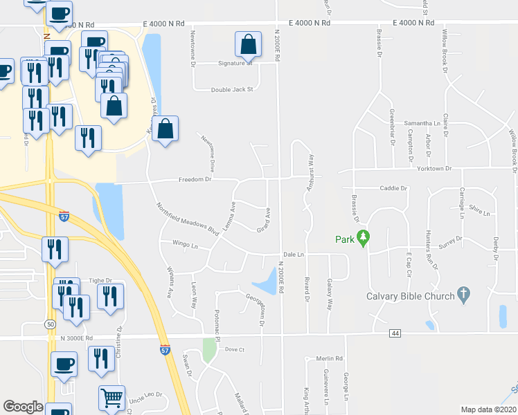 map of restaurants, bars, coffee shops, grocery stores, and more near 1501 Girard Way in Bourbonnais