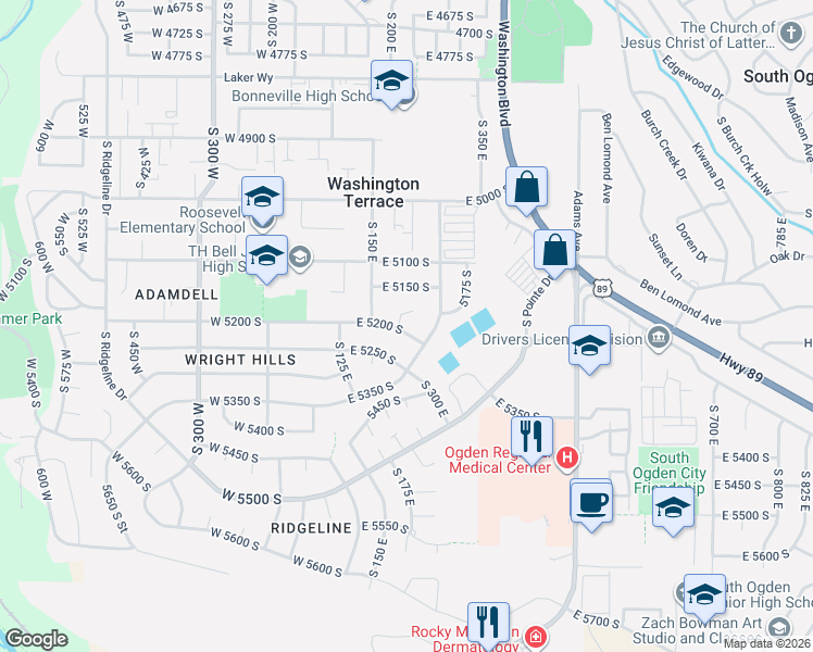 map of restaurants, bars, coffee shops, grocery stores, and more near 224 East 5200 South in Washington Terrace