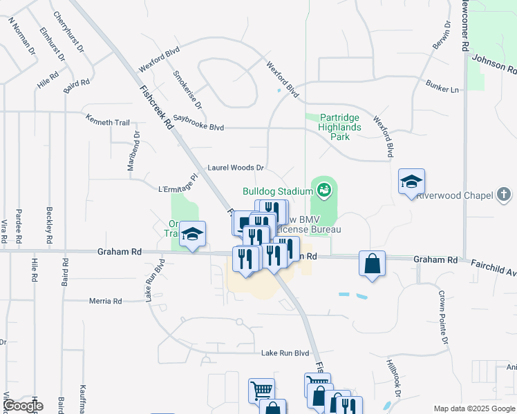 map of restaurants, bars, coffee shops, grocery stores, and more near 4179 Fishcreek Road in Stow