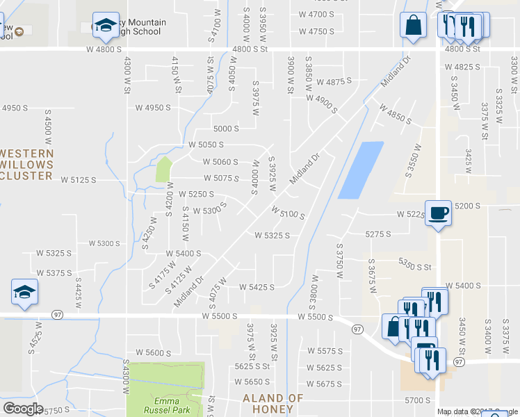 map of restaurants, bars, coffee shops, grocery stores, and more near 5235 Midland Drive in Roy