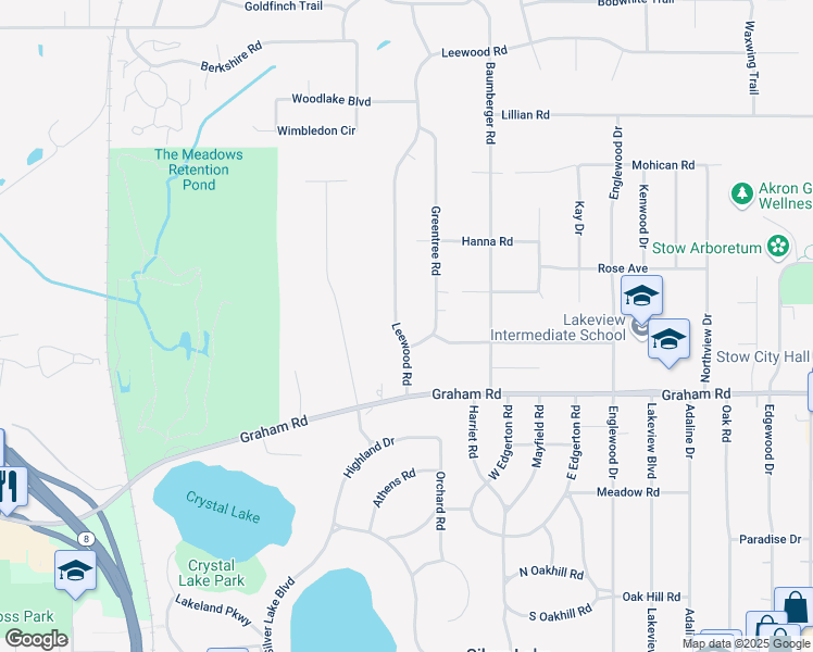 map of restaurants, bars, coffee shops, grocery stores, and more near 3762 Leewood Road in Stow