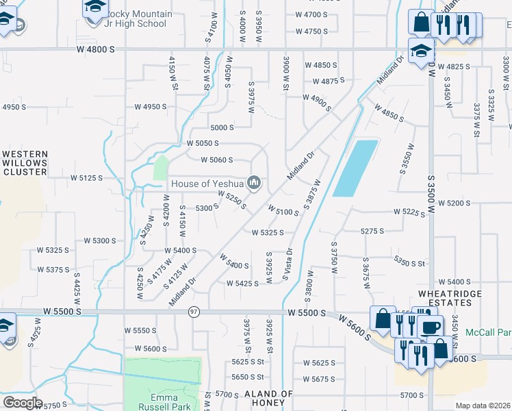map of restaurants, bars, coffee shops, grocery stores, and more near 5235 Midland Drive in Roy