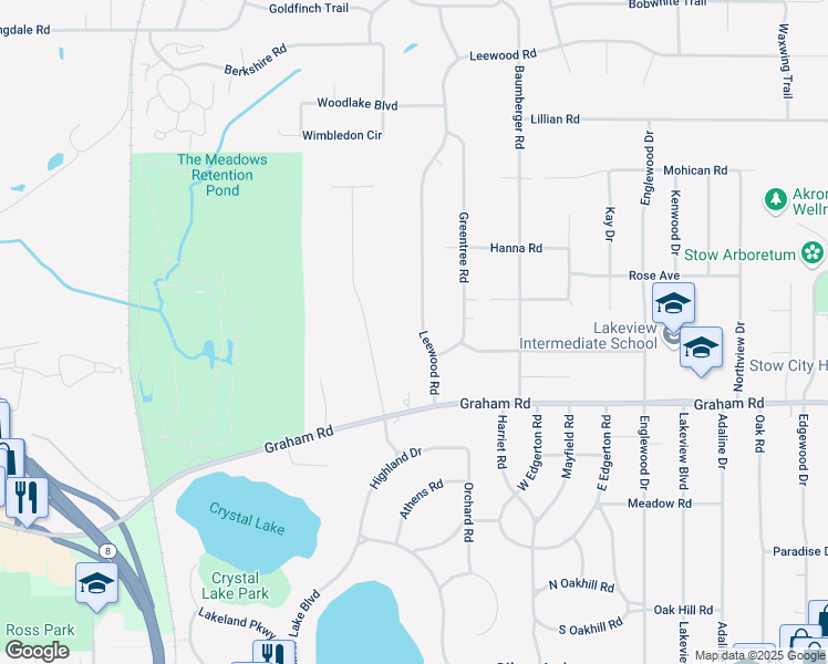 map of restaurants, bars, coffee shops, grocery stores, and more near 3762 Leewood Road in Stow