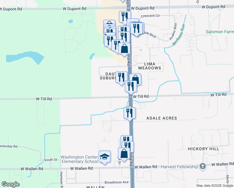 map of restaurants, bars, coffee shops, grocery stores, and more near 9423 Lima Rd in Fort Wayne