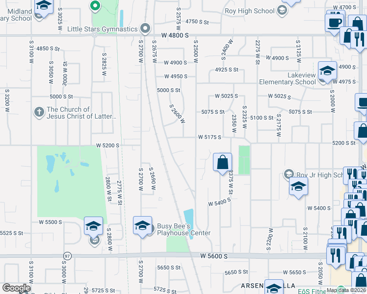 map of restaurants, bars, coffee shops, grocery stores, and more near 2568 West 5225 South Street in Roy