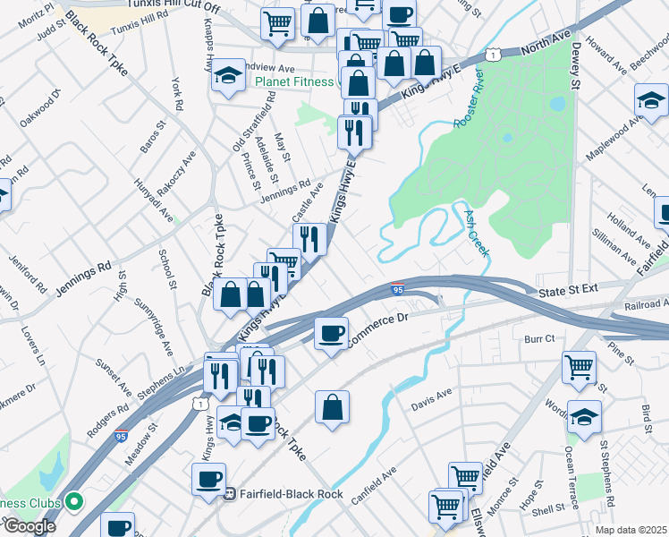 map of restaurants, bars, coffee shops, grocery stores, and more near 194 Brentwood Avenue in Fairfield