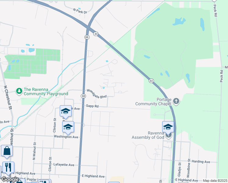 map of restaurants, bars, coffee shops, grocery stores, and more near 778 Northgate Drive in Ravenna