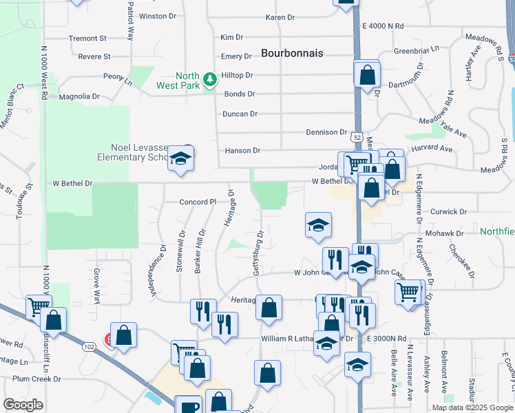 map of restaurants, bars, coffee shops, grocery stores, and more near 897 Gettysburg Court in Bourbonnais