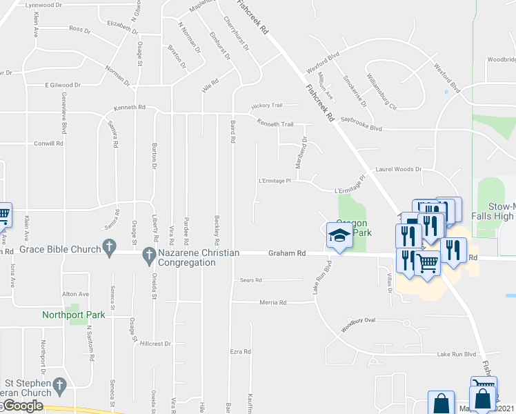 map of restaurants, bars, coffee shops, grocery stores, and more near 4199 Cheval Circle in Stow