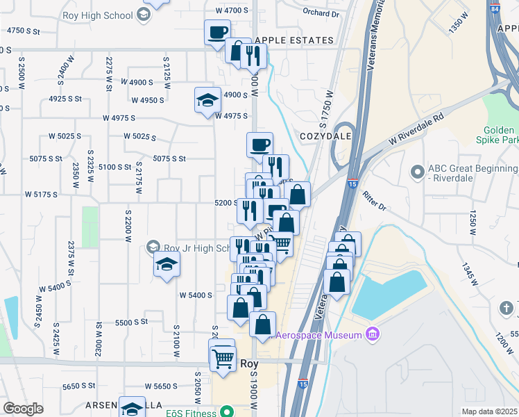 map of restaurants, bars, coffee shops, grocery stores, and more near 5210 South 1900 West in Roy