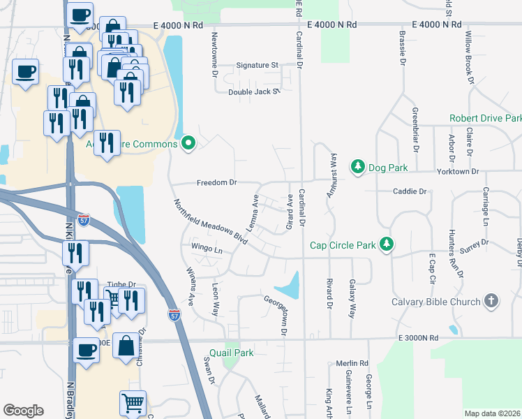 map of restaurants, bars, coffee shops, grocery stores, and more near 1592 Girard Way in Bourbonnais