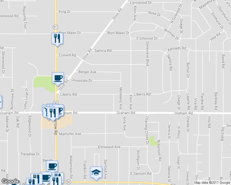 map of restaurants, bars, coffee shops, grocery stores, and more near 2109 Liberty Road in Stow