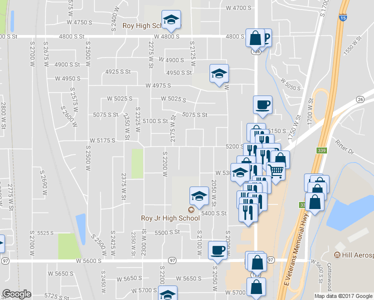 map of restaurants, bars, coffee shops, grocery stores, and more near 2123 5200 South Street in Roy