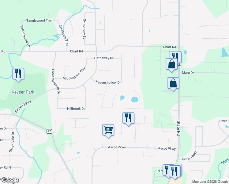map of restaurants, bars, coffee shops, grocery stores, and more near 3088 Creek View Drive in Cuyahoga Falls