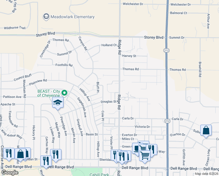 map of restaurants, bars, coffee shops, grocery stores, and more near 5504 Ridge Road in Cheyenne