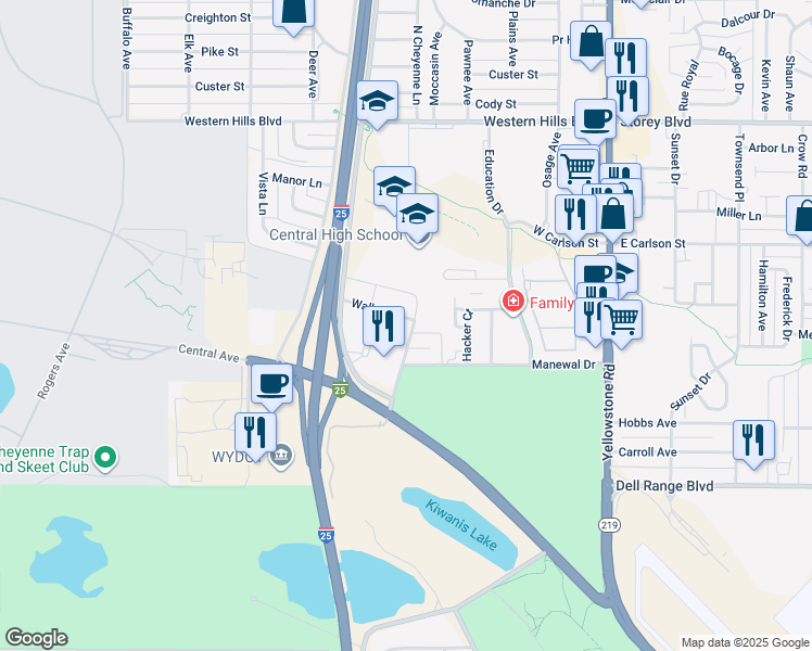 map of restaurants, bars, coffee shops, grocery stores, and more near 5474 Walker Rd in Cheyenne