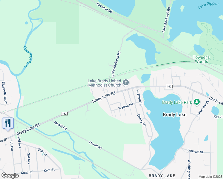 map of restaurants, bars, coffee shops, grocery stores, and more near 1945 Brady Lake Road in Kent