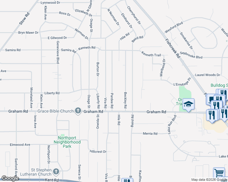 map of restaurants, bars, coffee shops, grocery stores, and more near 4047 Pardee Road in Stow