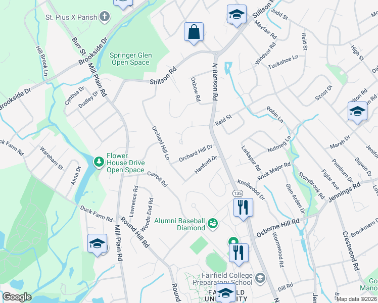 map of restaurants, bars, coffee shops, grocery stores, and more near 94 Orchard Hill Drive in Fairfield