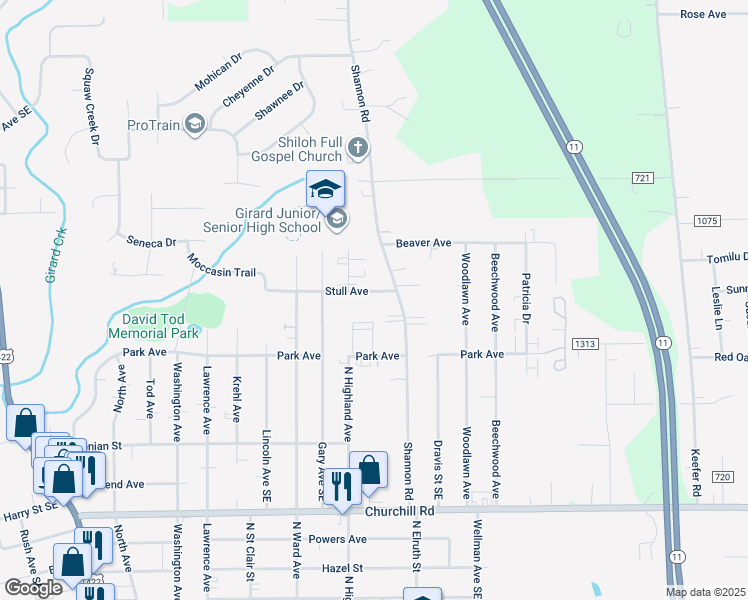map of restaurants, bars, coffee shops, grocery stores, and more near 597 Stull Avenue in Girard