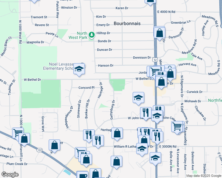 map of restaurants, bars, coffee shops, grocery stores, and more near 897 Gettysburg Court in Bourbonnais