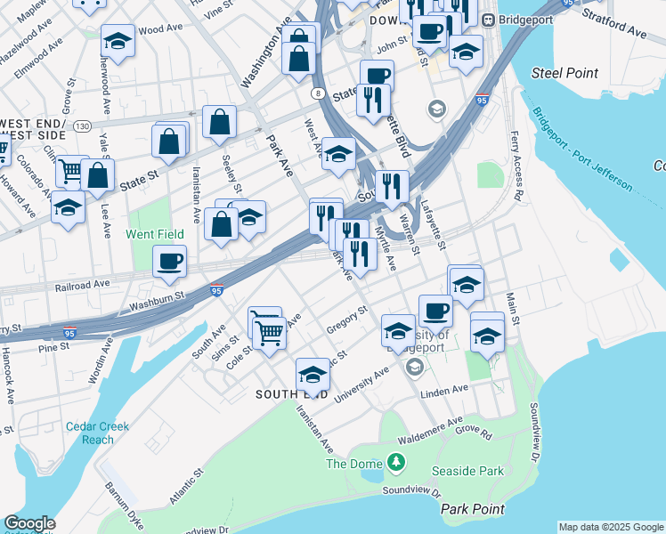map of restaurants, bars, coffee shops, grocery stores, and more near 20 Johnson Street in Bridgeport