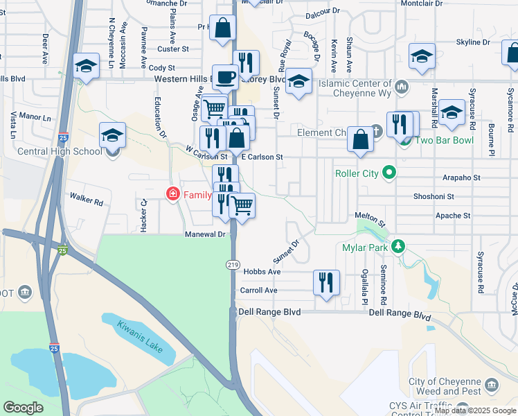 map of restaurants, bars, coffee shops, grocery stores, and more near 5353 Yellowstone Road in Cheyenne