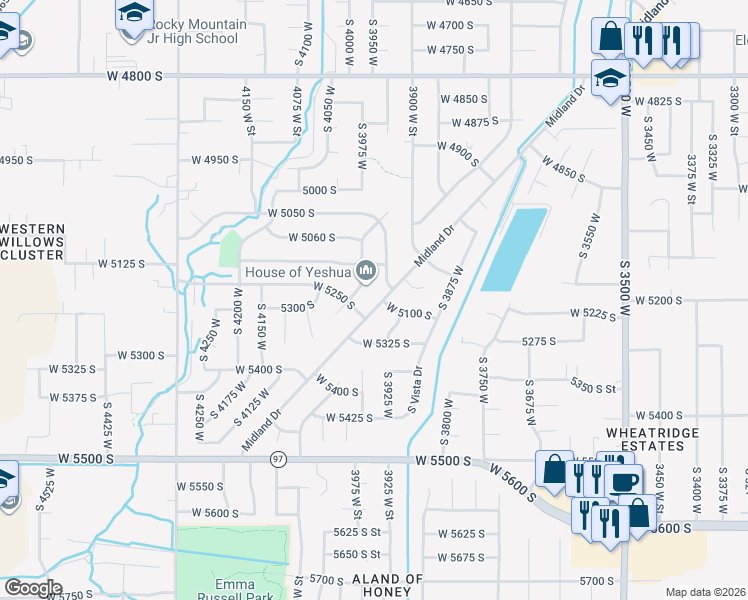 map of restaurants, bars, coffee shops, grocery stores, and more near 5207 Midland Drive in Roy