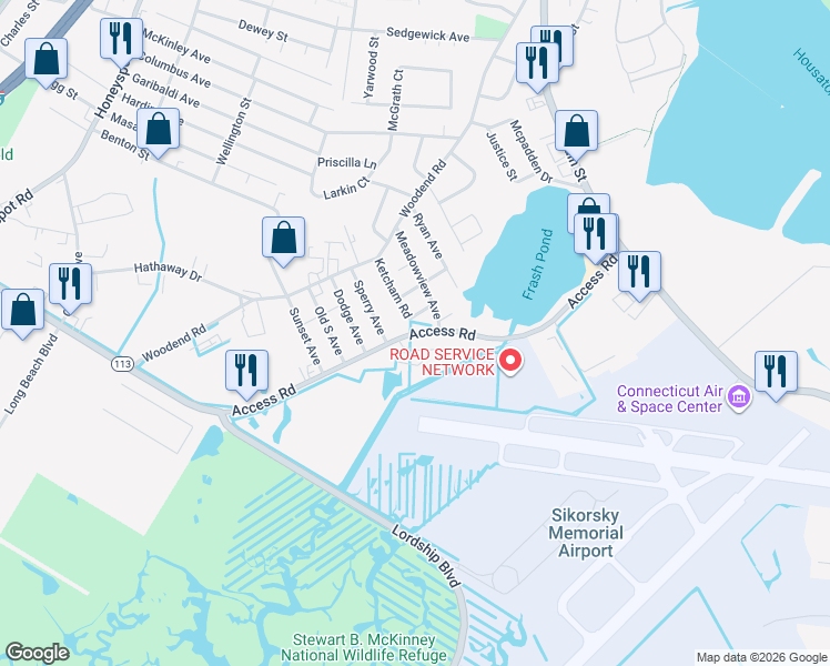 map of restaurants, bars, coffee shops, grocery stores, and more near 106 Ketcham Road in Stratford