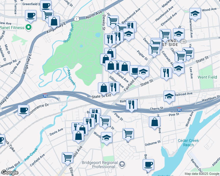 map of restaurants, bars, coffee shops, grocery stores, and more near 53 Ash Street in Bridgeport