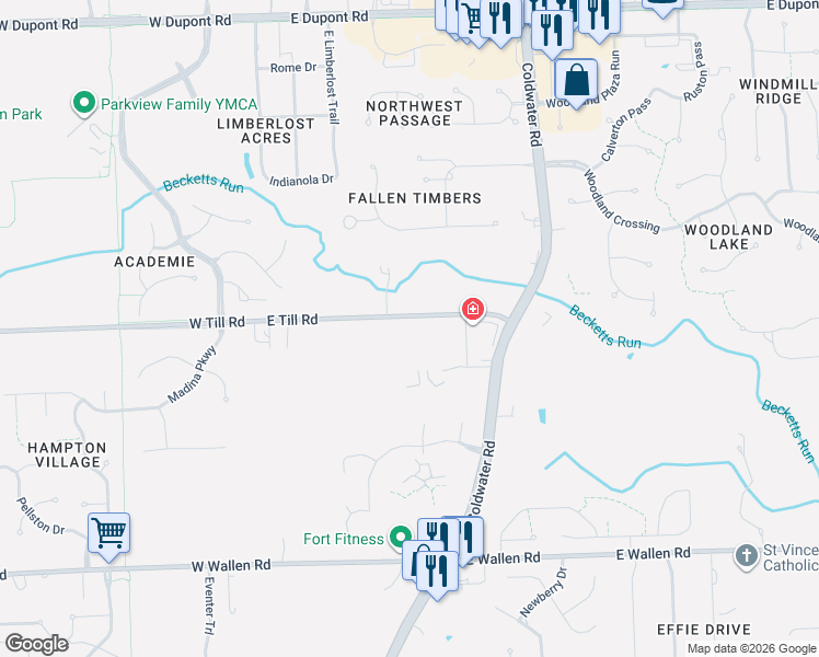 map of restaurants, bars, coffee shops, grocery stores, and more near 608 East Till Road in Fort Wayne