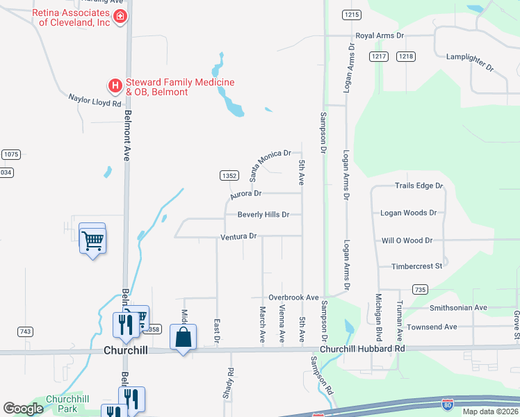 map of restaurants, bars, coffee shops, grocery stores, and more near 598 Beverly Hills Drive in Youngstown