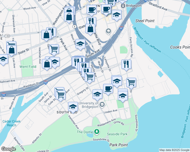 map of restaurants, bars, coffee shops, grocery stores, and more near 319 Railroad Avenue in Bridgeport