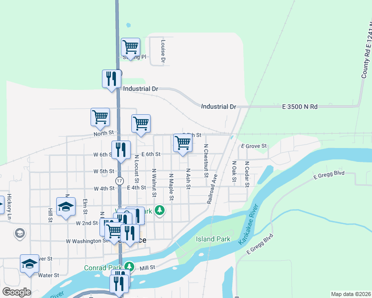 map of restaurants, bars, coffee shops, grocery stores, and more near 426 East 6th Street in Momence