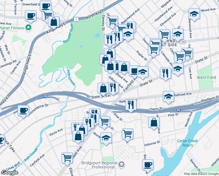 map of restaurants, bars, coffee shops, grocery stores, and more near 53 Ash Street in Bridgeport
