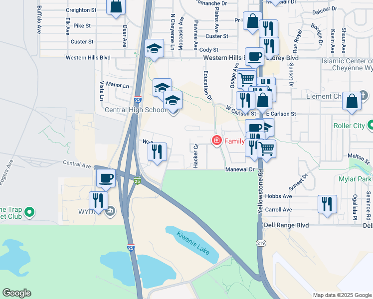 map of restaurants, bars, coffee shops, grocery stores, and more near 5414 Hacker Circle in Cheyenne