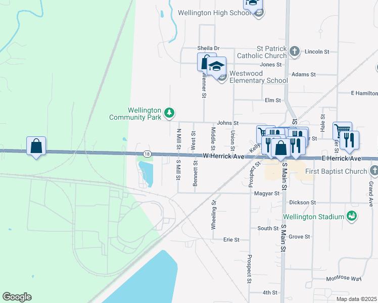 map of restaurants, bars, coffee shops, grocery stores, and more near 504 1/2 West Herrick Avenue in Wellington