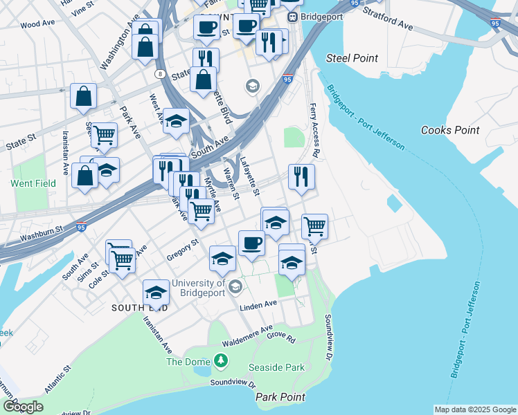 map of restaurants, bars, coffee shops, grocery stores, and more near 421 Lafayette Street in Bridgeport