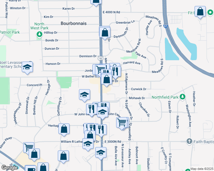 map of restaurants, bars, coffee shops, grocery stores, and more near 914 North Convent Street in Bourbonnais