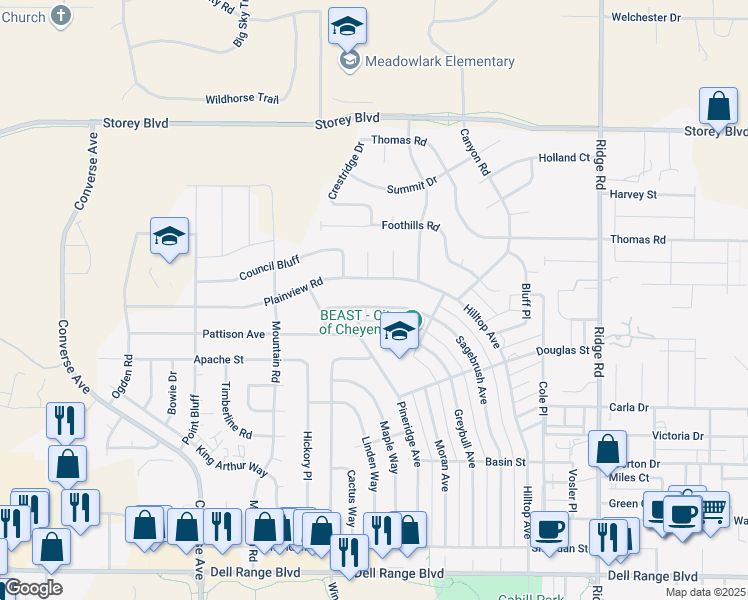 map of restaurants, bars, coffee shops, grocery stores, and more near 2632 Sagebrush Avenue in Cheyenne