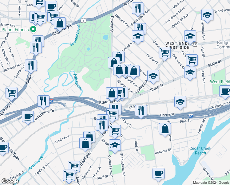 map of restaurants, bars, coffee shops, grocery stores, and more near 53 Ash Street in Bridgeport