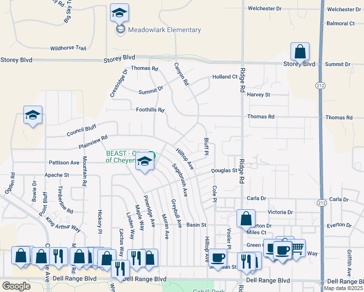 map of restaurants, bars, coffee shops, grocery stores, and more near 5429 Hilltop Avenue in Cheyenne