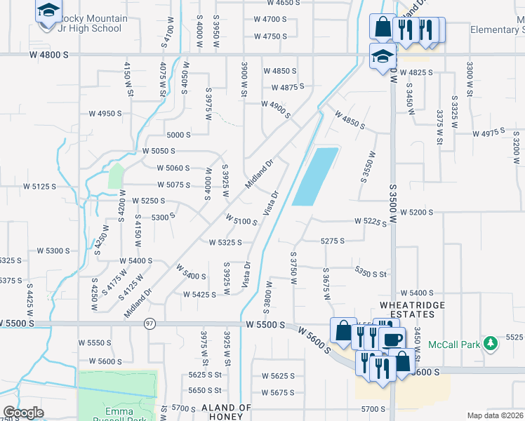 map of restaurants, bars, coffee shops, grocery stores, and more near 5077 South Vista Drive in Roy